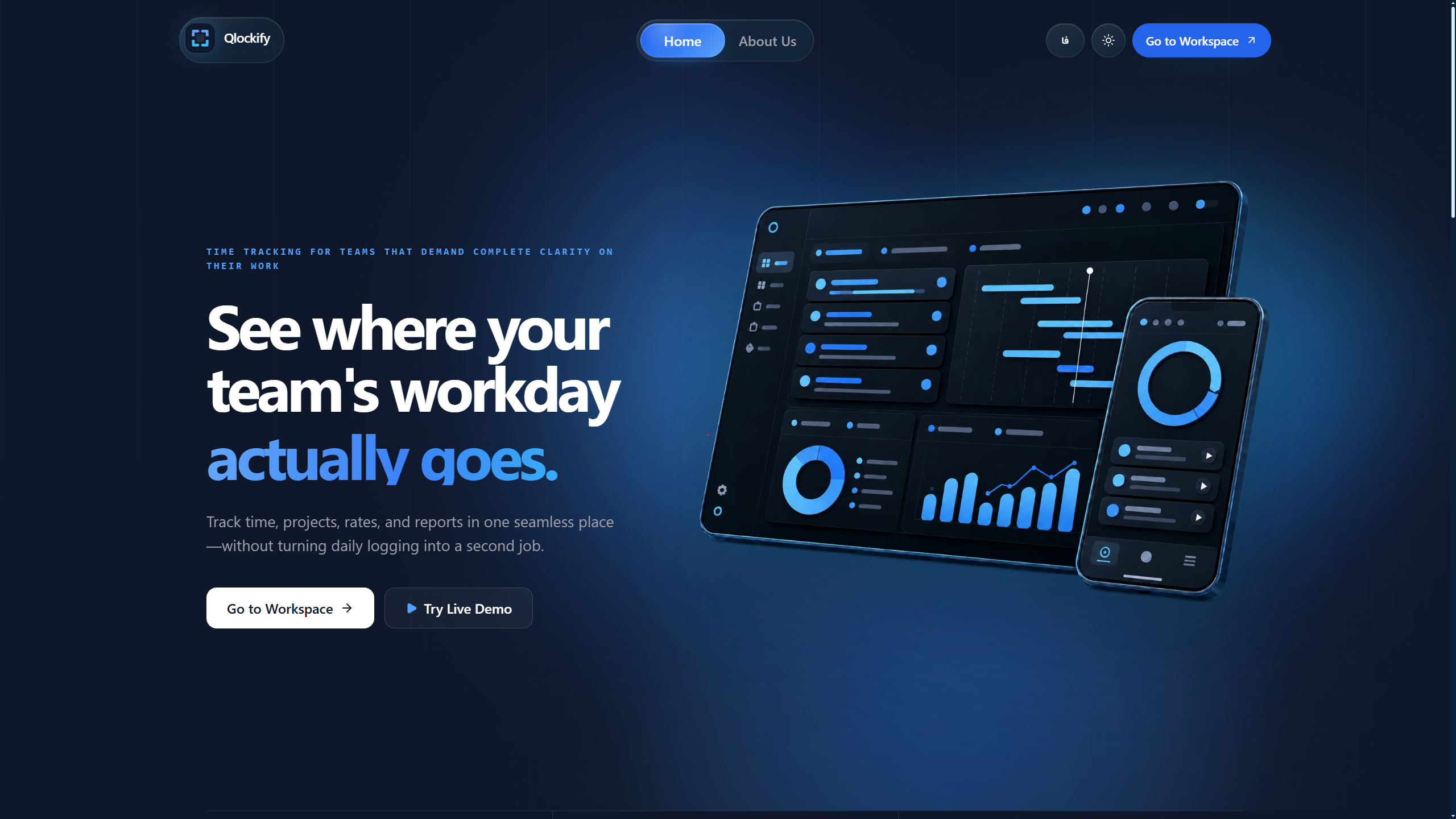 Qlockify landing page introducing the time-tracking product